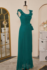 Homecomming Dresses Vintage, Teal Ruffled Neck A-line Long Bridesmaid Dress with Sash