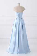 Party Dress For Teenage Girl, Light Blue A Line Floor Length Strapless Sleeveless Lace Up Prom Dresses