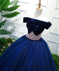 Bridesmaid Dress Website, Dark Blue Tulle Off Shoulder Long Prom Dress, Blue Sweet 16 Dress