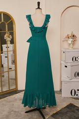 Homecomming Dress Vintage, Teal Ruffled Neck A-line Long Bridesmaid Dress with Sash