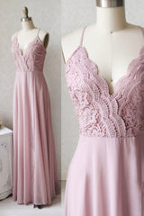 Bachelorette Party Outfit, Pink Chiffon Lace Long Prom Dresses, V-Neck Spaghetti Strap Party Dresses