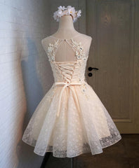 Prom Dress2033, Champagne Lace Round Neck Short Prom Dress, Bridesmaid Dress