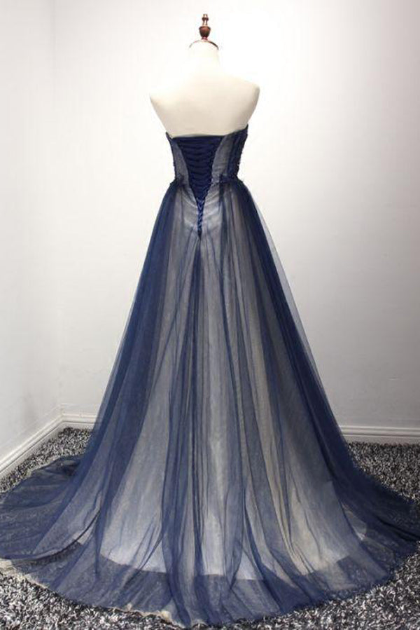 Party Dresses Store, Navy A Line Sweep Train Straight Sleeveless Mid Back Lace Up Prom Dresses