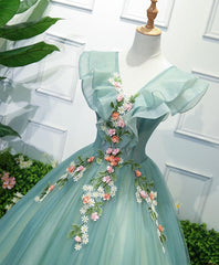 Bridesmaids Dresses Color Palettes, Green V Neck Tulle Long Prom Dress, Green Evening Dress
