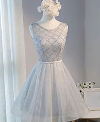 Bridesmaids Dresses Fall Colors, Gray Tulle Beads Short Prom Dress, Gray Homecoming Dress