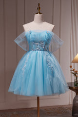 Party Dresses Formal, Blue Off The Shoulder Beading Appliques Tulle Short Homecoming Dresses