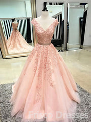 Bridesmaid Dress Websites, Pink Sleeveless V Neck Tulle Lace Applique Long Prom Dresses