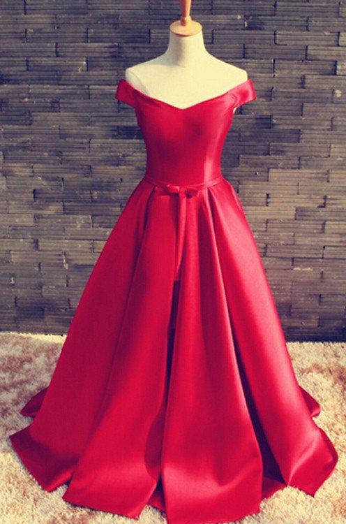 Elegant Prom Dress, 2024 Gorgeous Red Floor-Length/Long A-Line/Princess Off-the-Shoulder Lace Up Satin Prom Dresses