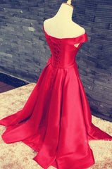 Prom Dress Long, 2024 Gorgeous Red Floor-Length/Long A-Line/Princess Off-the-Shoulder Lace Up Satin Prom Dresses