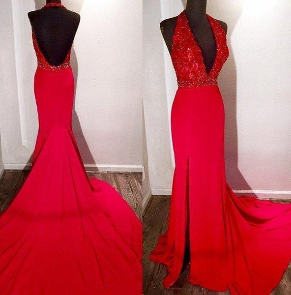 Blue Bridesmaid Dress, 2024 Gorgeous Red Halter Side-Slit Mermaid/Trumpet Satin Prom Dresses