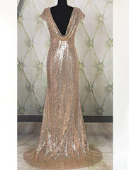 Prom Gown, Floor-Length/Long Bateau Neck Column/Sheath Sequined Prom Dresses