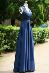 Nice Dress, 2024 Blue Floor-Length/Long A-Line/Princess Backless Lace V-Neck Chiffon Prom Dresses