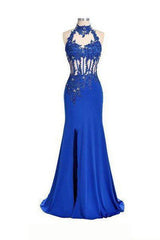 Fashion Dress, 2024 Blue Mermaid/Trumpet Halter Sleeveless Natural Stretch Satin Prom Dresses