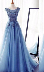 Autumn Wedding, Appliques Lace Up Capped Sleeves A-Line/Princess Tulle 2024 Blue Prom Dresses
