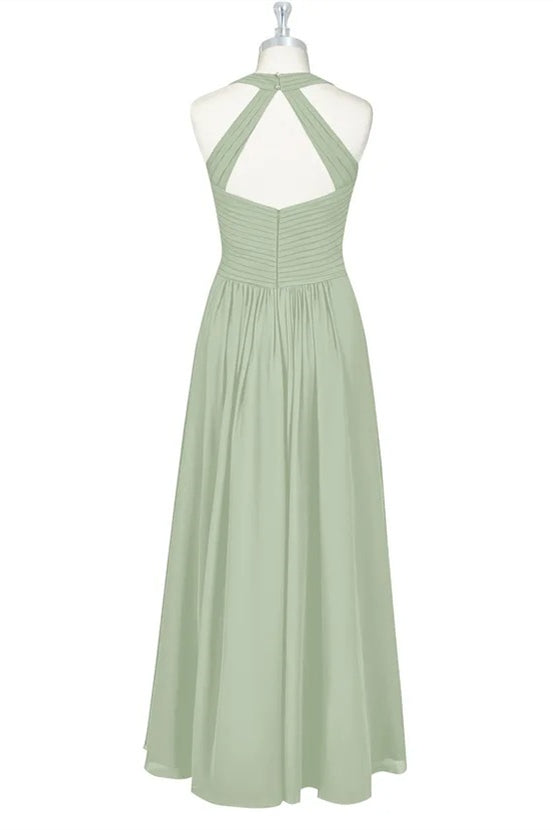 Prom Dress Long With Slit, Sage Green Halter Backless A-Line Bridesmaid Dress