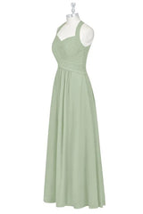 Prom Dresses Long With Slit, Sage Green Halter Backless A-Line Bridesmaid Dress