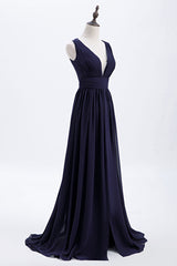 Prom Dress Long Sleeve, Empire Navy Blue Chiffon A-line Long Bridesmaid Dress