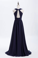 Prom Dresses Shiny, Empire Navy Blue Chiffon A-line Long Bridesmaid Dress