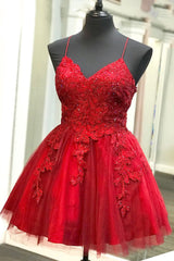 Bridesmaid Dresses Sale, Strappy Lace Appliqued Red Short Homecoming Dress