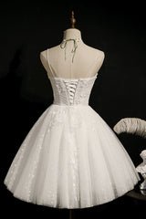 Party Dress Christmas, Ivory Spaghetti Straps Beaded Tulle Princess Homecoming Dresses