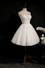 Party Dress Ideas For Winter, Ivory Spaghetti Straps Beaded Tulle Princess Homecoming Dresses