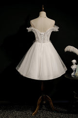Party Dress Satin, Ivory Spaghetti Strap Beaded Tulle Short Princess Homecoming Dresses