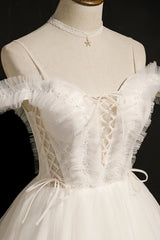 Party Dresses Clubwear, Ivory Spaghetti Strap Beaded Tulle Short Princess Homecoming Dresses