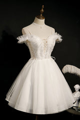 Party Dress India, Ivory Spaghetti Strap Beaded Tulle Short Princess Homecoming Dresses