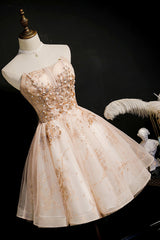 Party Dresses Long Dress, Champagne Strapless Sequins Tulle Short Homecoming Dresses