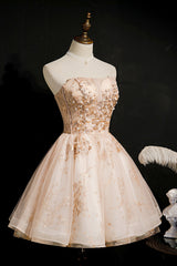 Party Dress Websites, Champagne Strapless Sequins Tulle Short Homecoming Dresses