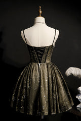 Bridesmaid Dress Long, Elegant Black Spaghetti Strap Sequins Tulle Short Homecoming Dresses