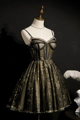 Bridesmaid Dress Color Scheme, Elegant Black Spaghetti Strap Sequins Tulle Short Homecoming Dresses