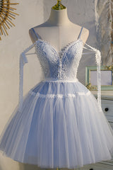 Party Dress Europe, Light Blue Spaghetti Straps Lace Tulle Short Homecoming Dresses