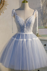 Party Dresses Europe, Light Blue Spaghetti Straps Lace Tulle Short Homecoming Dresses