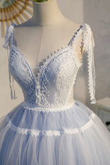 Party Dresses Cocktail, Light Blue Spaghetti Straps Lace Tulle Short Homecoming Dresses