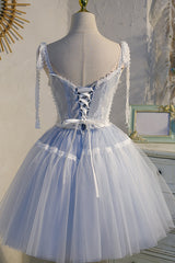 Party Dresses Summer, Light Blue Spaghetti Straps Lace Tulle Short Homecoming Dresses
