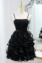 Party Dress Ball, Black Sequins Spaghetti Straps Tulle Short Homecoming Dresses