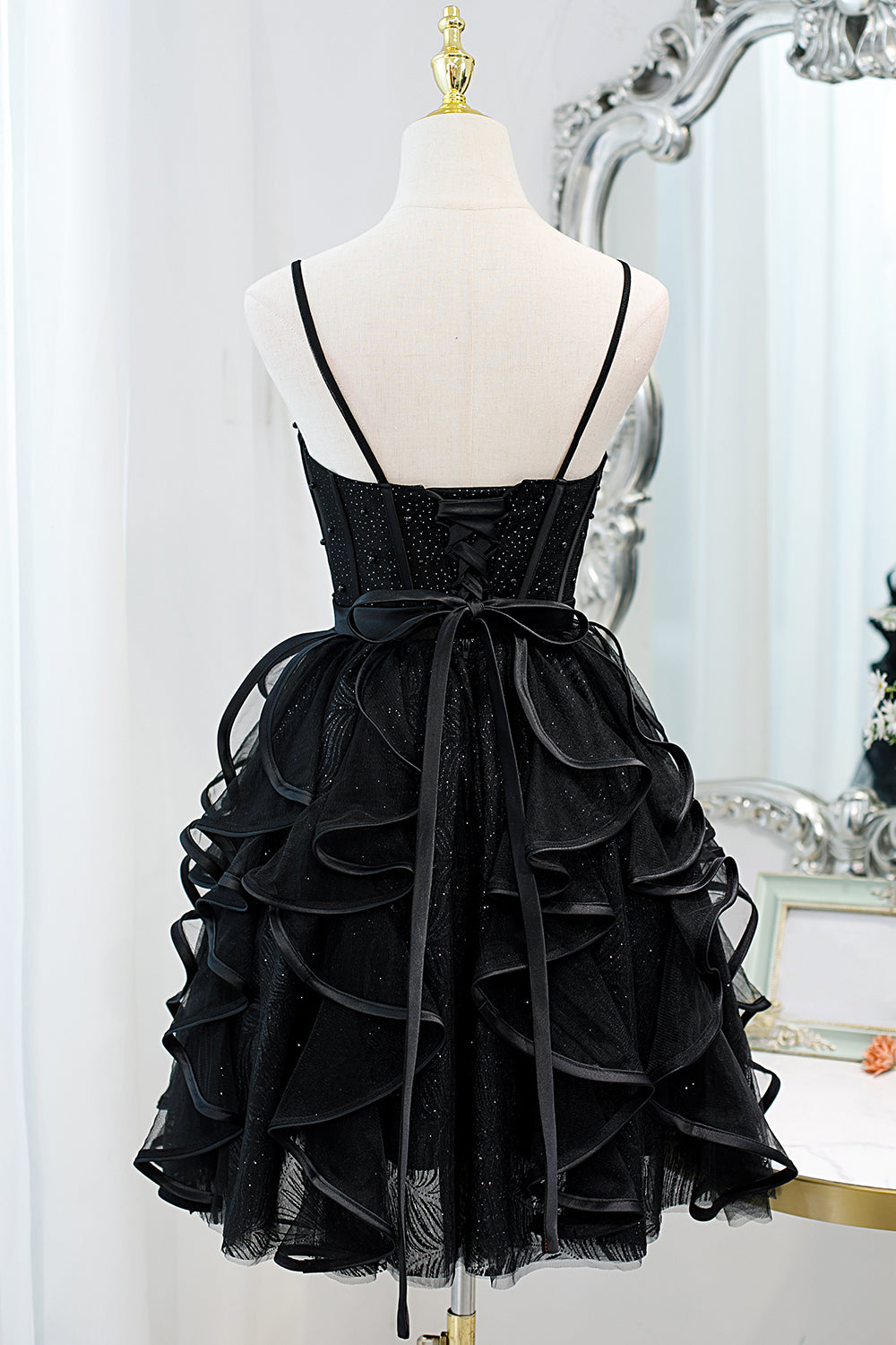 Party Dresses Online Shop, Black Sequins Spaghetti Straps Tulle Short Homecoming Dresses