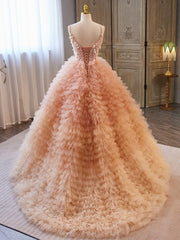 Bridesmaids Dresses Spring, Unique V Neck Tulle Sequin Orange Pink Long Prom Dress, Orange Pink Sweet 16 Dress