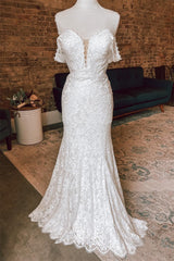 Wedding Dress Aesthetic, White Plunging Off-the-Shoulder Lace Mermaid Long Wedding Dress