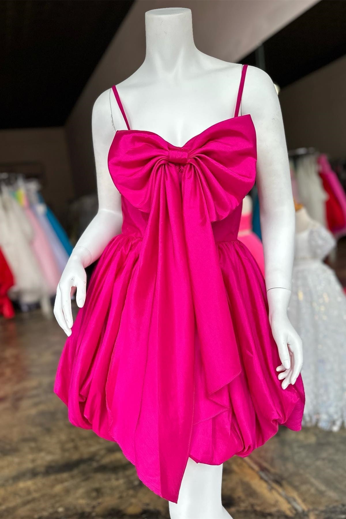 Prom Dress Different, Fuchsia Straps Satin A-line Homecoming Dress with Bow