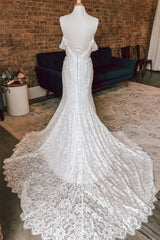 Wedding Dresses A Line, White Plunging Off-the-Shoulder Lace Mermaid Long Wedding Dress