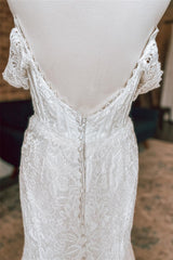 Wedding Dresses Dress, White Plunging Off-the-Shoulder Lace Mermaid Long Wedding Dress