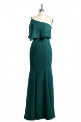 Prom Dresses 2023, Hunter Green One-Shoulder Mermaid Ruffled Long Bridesmaid Dress