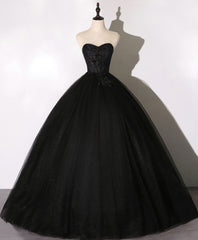 Evening Dress Long Elegant, Black Sweetheart Neck Tulle Long Prom Dress, Black Evening Dress