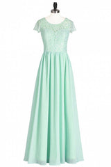 Prom Dresses Glitter, Sage Green Lace and Chiffon Cap Sleeve A-Line Long Bridesmaid Dress