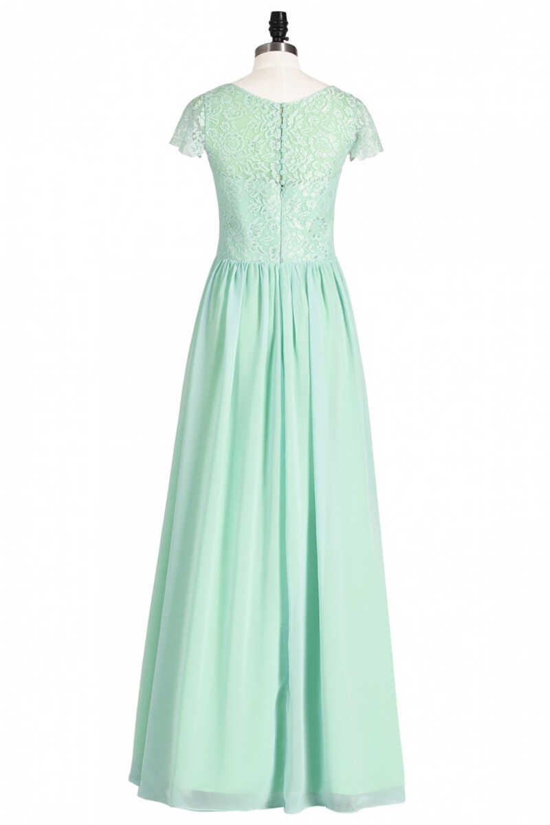Prom Dresses Chicago, Sage Green Lace and Chiffon Cap Sleeve A-Line Long Bridesmaid Dress