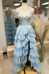 Evening Dresses Australia, Light Blue Lace Sweetheart Tiered Long Prom Dress with Slit