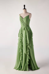 Design Dress Casual, Matcha Green Ruffles Faux Wrap Bridesmaid Dress