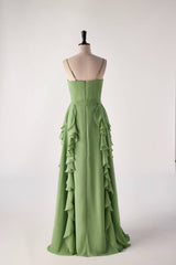 Modest Prom Dress, Matcha Green Ruffles Faux Wrap Bridesmaid Dress